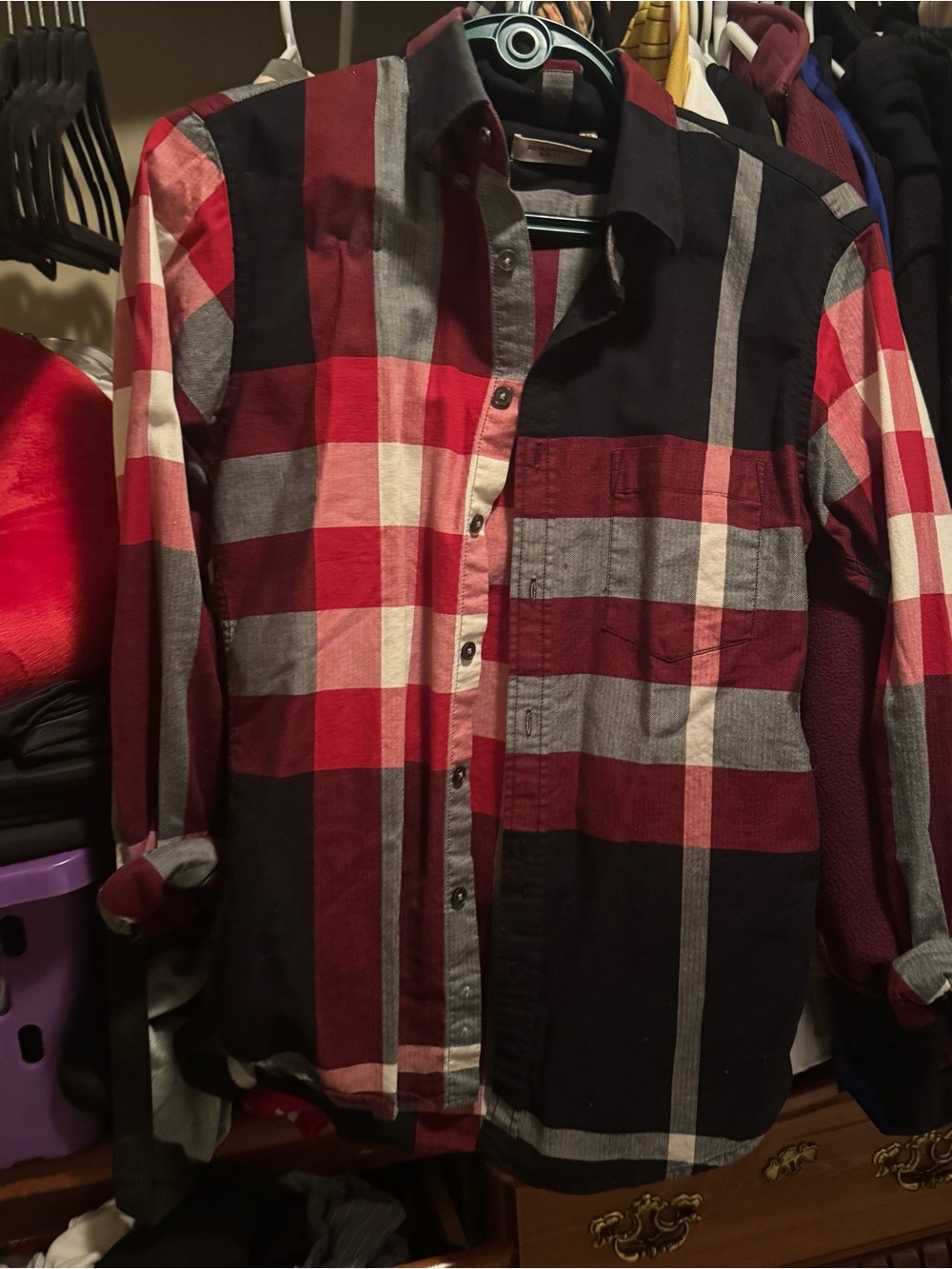 Burberry Red, Black & Gray Plaid Button-Down Shirt